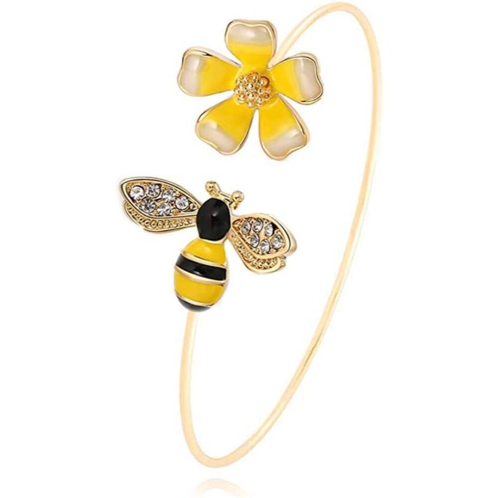 Yellow Flower Honey Bee Charm Bangle Bracelet Women Jewelry Gold Copper